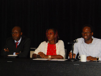 From left to right are UNAIDS Country Coordinator Dr Martin Odiit; SASOD’s Advocacy and Communication Officer Schemel Patrick and SASOD’s Managing Director Joel Simpson