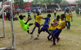Action between Stella Maris (in yellow) and Enterprise Primary (in blue) during their matchup in the Courts Pee Wee Football Championship at the Thirst Park ground yesterday.