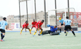 Guyana’s Aroydy Branford (centre) in the process of unleashing a shot on the Uruguay goal following a penalty corner during the team’s bronze medal matchup in the PAHF Challenge in Chicklayo, Peru. Photo compliments of PAHF Website.
