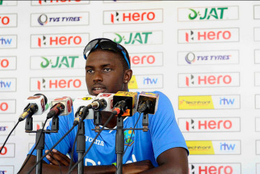 West Indies skipper Jason Holder speaks at a media conference on the eve of the first test against Sri Lanka yesterday. (Photo courtesy WICB media) 