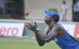 EYES ON THE PRIZE: Fast bowler Kemar Roach goes through catching drills in final practice on Tuesday. (Photo courtesy WICB Media)