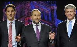 Liberal leader Justin Trudeau (L), NDP leader Thomas Mulcair (C) and Conservative leader Stephen Harper

