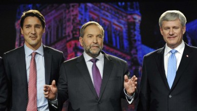 Liberal leader Justin Trudeau (L), NDP leader Thomas Mulcair (C) and Conservative leader Stephen Harper 