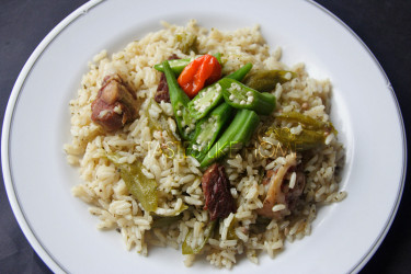 A ‘sweet hands’ make do: Privilege (rice, okra & salt meat) (Photo by Cynthia Nelson) 