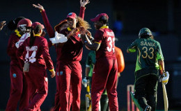 West Indies Women celebrate the dismissal of Sania Khan for five during the second One-Day International against Pakistan Women on Sunday. (Photo courtesy WICB Media) 