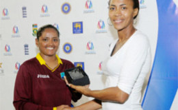 Player-of-the-Match Anisa Mohammed receives her award from former St. Lucia international Pamela Alfred during the second One-day International between West Indies Women and Pakistan Women on Sunday at the Beausejour Cricket Ground.
Photo by WICB Media/Randy Brooks of Brooks Latouche Photography
