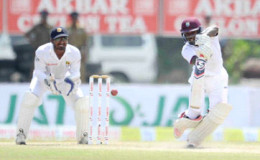 Jermaine Blackwood drives through the of-side during his knock of 92 against Sri Lanka in the opening Test last Saturday. (Photo courtesy WICB Media) 