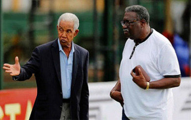 Sir Garry Sobers (left) makes a point to chairman of West Indies selectors Clive Lloyd during a visit to a training session on Wednesday. (Photo courtesy WICB Media) 
