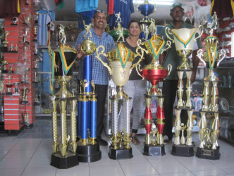 The trophies donated by Trophy Stall for the winners and runners- up and Man-of-the-Match for both the Open and Masters categories of the Guyana Softball Cup five tournament which bowls off next Friday. 