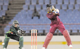 Captain Stafanie Taylor punches through the off-side during her unbeaten 87 in the fourth ODI against Pakistan Women on Saturday. (Photo courtesy WICB Media)