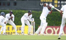 West Indies batsman Darren Bravo punches a delivery delightfully on the way to his top score of 61 but his innings was not enough to see the West Indies to their first test win in Sri Lanka. (Photo courtesy WICB media)