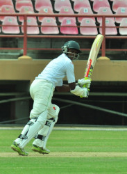 Shiv Chanderpaul in action during his unbeaten 50 yesterday  