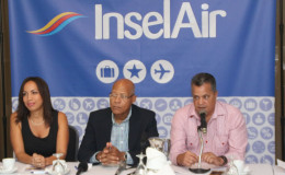In photo from left to right are Nicole Berenos, Sales Manager at Insel Air, Edward Heerenveen, Chief General and International Affairs Officer of Insel Air and Captain Gerry Gouveia of the Roraima Group of Companies.    