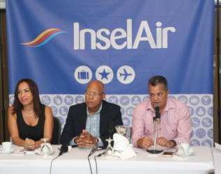 In photo from left to right are Nicole Berenos, Sales Manager at Insel Air, Edward Heerenveen, Chief General and International Affairs Officer of Insel Air and Captain Gerry Gouveia of the Roraima Group of Companies.    