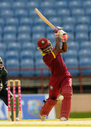Deandra Dottin drives powerfully through the off-side during her unbeaten 38 in the opening Twenty20 International against Pakistan Women here Thursday. (Photo courtesy WICB Media)