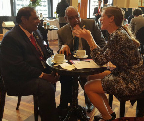 Prime Minister Moses Nagamootoo (left) with Minister of Governance Raphael Trotman (centre) and US Ambassador to the United Nations, Samantha Power at the Mexico forum (PM Moses Nagamootoo’s Facebook page)
