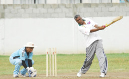 Action between Floodlight and Albion Masters at Demerara Cricket Club Ground yesterday.
