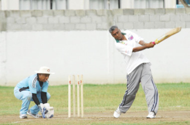 Action between Floodlight and Albion Masters at Demerara Cricket Club Ground yesterday.   
