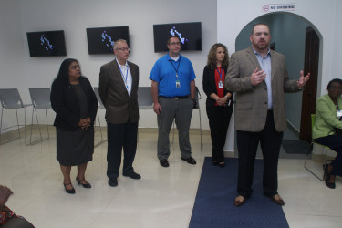 From left: Vice President of Operations Dr. Dale Dan, Regional Human Resources Manager Matthew Kilmer, Director of Business Services Larry Sell, Director of Training Teleperformance USA Sarah Miller and Executive Vice President of Teleperformance USA Mike Corrigan  