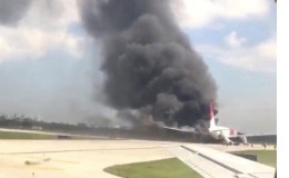 
A still image from a handout video footage by Mike Dupuy, a passenger in another airplane, shows Dynamic International Airways' Boeing 767's engine on fire in Fort Lauderdale, Florida, October 29, 2015.
Reuters/Mike Dupuy

