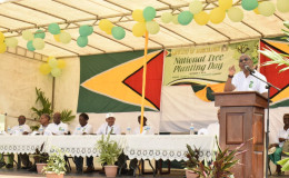 President David Granger addressing the gathering at the Bartica Community Centre (Ministry of the Presidency photo)