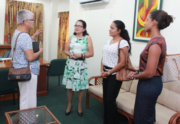 First Lady Sandra Granger (second from left) , Executive Committee Member Ann Geer (left), President Angela Rahaman, and Vice President Anya Persaud in discussion during their meeting at the office of the First Lady at State House (GINA photo)