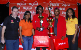 Male and Female champions Avinash “Ganguly” Persaud and Shanella Webster are flanked by Digicel CEO Kevin Kelly, Head of Sales Nalini Vieira and Marketing Manager Jacqueline James.