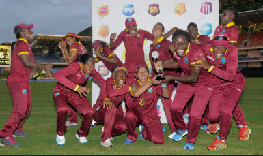 West Indies Women celebrate their clean sweep of the Twenty20 International series against Pakistan yesterday. (Photo courtesy WICB Media) 