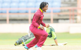 Player-of-the-Series Deandra Dottin celebrates a wicket in the dramatic late stages of the Pakistan Women innings during the final Twenty20 International on Sunday. (Photo courtesy WICB Media)
