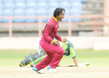 Player-of-the-Series Deandra Dottin celebrates a wicket in the dramatic late stages of the Pakistan Women innings during the final Twenty20 International on Sunday. (Photo courtesy WICB Media)  