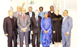 Former President Bharrat Jagdeo (second from left in front row) and other members of the African, Caribbean and Pacific (ACP) Group of States’ Eminent Persons Group (EPG) following their meeting. (Photo from Office of the Leader of the Opposition)
