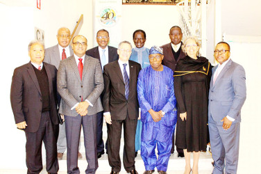 Former President Bharrat Jagdeo (second from left in front row) and other members of the African, Caribbean and Pacific (ACP) Group of States’ Eminent Persons Group (EPG) following their meeting. (Photo from Office of the Leader of the Opposition) 