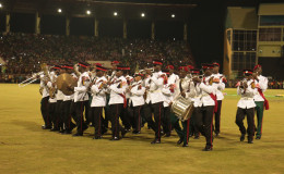 The Joint Services Band performing at the May 26 inauguration ceremony at the Guyana National Stadium, Providence.