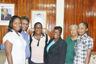 Minister within the Ministry of Social Protection, Simona Broomes (third from left), Chairperson of the National Commission on Disabilities (NCD), Evelyn Hamilton (second from right), Executive Secretary, Beverley Pile (third from right), Communications Officer, Avonel Carrica, Programme Officer, Zoan Williams, and Representative of the Private Sector, Komal Singh (second from left) after the meeting at the Ministry of Social Protection  Department of Labour, Brickdam (GINA photo)