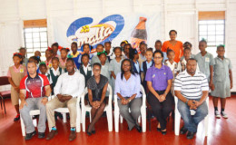 Members of the 2nd edition of the Smalta/Ministry of Public Health Girls U-11 Football Championship launch party pose for a photo opportunity following the conclusion of the event’s press conference
 
