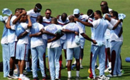 The West Indies one-day team huddle during training on last year’s ill-fated tour of India.