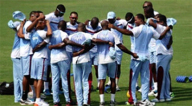 The West Indies one-day team huddle during training on last year’s ill-fated tour of India.