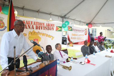 President David Granger addressing the gathering at the launch of the Salvation Army Christmas appeal