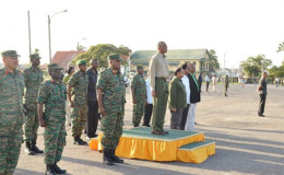 President David Granger (on dais), Prime Minister Moses Nagamootoo, Minister of State Joseph Harmon and Minister of Legal Affairs Basil Williams at the Square of the Revolution as Guyana Defence Officers were staging the army’s 50th anniversary route march (GINA photo)