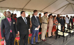 From left, Former Army Chief of Staff, Edward Collins, Mexico’s Ambassador to Guyana, Ivan Robero Sierra Medel and British High Commissioner Greg Quinn were among some of the dignitaries who attended the auspicious event. (Ministry of the Presidency photo)