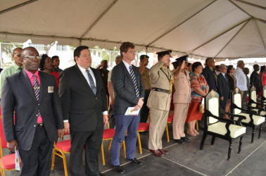 From left, Former Army Chief of Staff, Edward Collins, Mexico’s Ambassador to Guyana, Ivan Robero Sierra Medel and British High Commissioner Greg Quinn were among some of the dignitaries who attended the auspicious event. (Ministry of the Presidency photo)