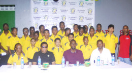 From left, Hereouna Singh, General Manager of Fly Jamaica, Carl Bowen, Director of Sports, Christopher Jones and president of the Guyana Table Tennis Association (GTTA) Godfrey Munroe along with other officials of the GTTA and some of the players attending the championships at Wednesday’s press conference at the Cliff Anderson Sports Hall. (Orlando Charles Photo)