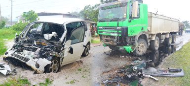 The remains of the totaled car  and the truck  (Composite photo)