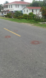 The marks on the road where the bullets landed 