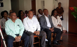 From left in front row are Region Seven Chairman, Gordon Bradford; Minister of Governance, Raphael Trotman; Minister of State, Joseph Harmon and Minister within the Ministry of Social Protection, Simona Broomes at the recommissioning ceremony today of the Guyana Gold Board (GGB) Bartica Office.  (Ministry of the Presidency photo)
