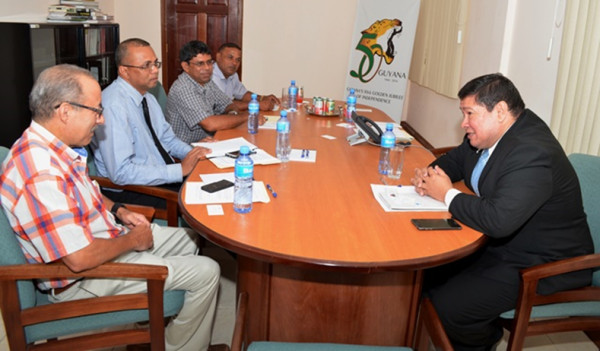 In photo prior to the teleconference are from left: President of the Guyana Rice Exporters and Millers Association, Dr Peter De Groot, Head, (ag) Guyana Rice Development Board, Nizam Hassan, Member of the Guyana Rice Exporters and Millers Association, Rajendra Persaud, President of the Rice Producers Association, Lekha Rambrich and Mexican Ambassador Ivan Robero Sierra Medel. (GINA photo)