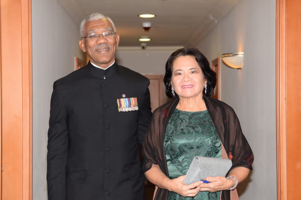 President David Granger and First Lady Sandra Granger just before they left the Radisson Golden Sands Hotel to attend the Reception and Dinner hosted by Queen Elizabeth II and the Duke of Edinburgh in Malta for the Commonwealth Heads of Government. (Ministry of the Presidency photo)