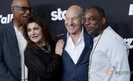 Cast member Patrick Stewart (2nd R) poses with "Star Trek" franchise actors Michael Dorn (L) Marina Sirtis and LeVar Burton (R) during Los Angeles premiere of "Blunt Talk" at the DGA Theater in Los Angeles, California August 10, 2015. REUTERS/Kevork Djansezian