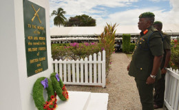 Chief of Staff of the Guyana Defence Force Mark Phillips as he laid a wreath at the Veterans’ Monument, during the Veterans’ Day ceremony. (Ministry of the Presidency photo)