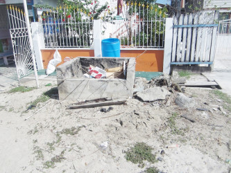 The garbage disposal area in front of Mohanlall Kissoon’s home. 